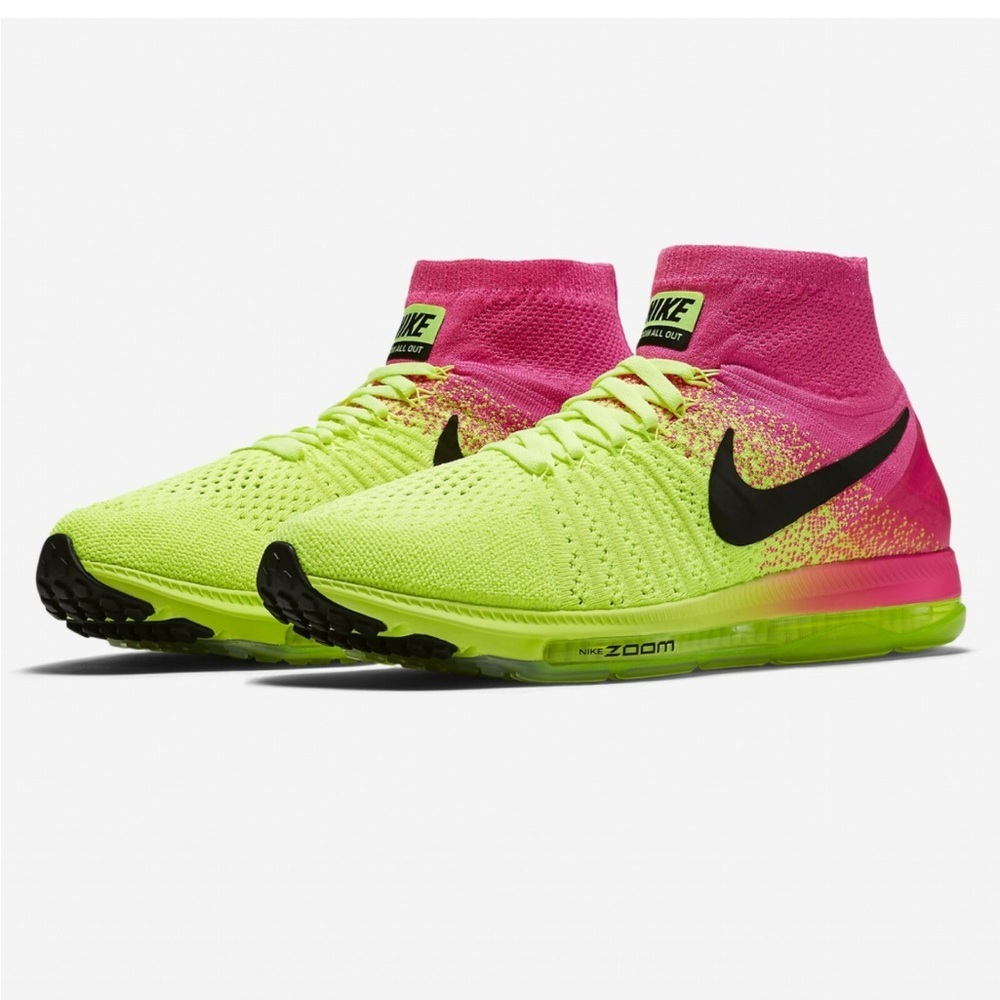 Unisex Nike Athletic Shoes Pink and Green Flyknit Design